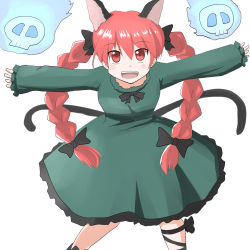 Rule 34 | 1girl, :d, animal ears, ao-shiba, blush stickers, bow, braid, cat ears, cat tail, dress, hitodama, kaenbyou rin, leg ribbon, multiple tails, nekomata, open mouth, outstretched arms, red eyes, red hair, ribbon, skull, smile, solo, spread arms, tail, touhou, twin braids, two tails
