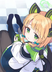Rule 34 | 1boy, 1girl, animal ear headphones, animal ears, black thighhighs, blonde hair, blue archive, blue bow, blush, bow, brown pants, checkered floor, closed mouth, commentary request, fake animal ears, green eyes, hair bow, halo, handheld game console, headphones, highres, holding, holding handheld game console, hood, hood down, hooded jacket, jacket, long sleeves, looking at viewer, looking back, midori (blue archive), no shoes, pants, sensei (blue archive), sidelocks, sitting, sitting on lap, sitting on person, smile, solo focus, tail, thighhighs, tottori, white jacket, wide sleeves