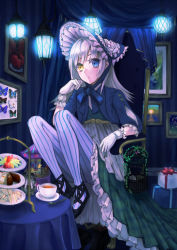 Rule 34 | 1girl, armchair, birdcage, blue eyes, blush, bonnet, box, bug, butterfly, cage, carousel, chair, cup, drawing (object), dress, food, frilled dress, frills, fruit, gift, gift box, gloves, green dress, hat, heterochromia, indoors, insect, jacket, long hair, long sleeves, looking away, mirin (m irinrin), original, pantyhose, pastry, pinstripe pattern, sandwich, saucer, silver hair, sitting, solo, spoon, striped clothes, striped pantyhose, table, tablecloth, tea, teacup, tiered tray, vertical-striped clothes, vertical-striped pantyhose, white gloves, yellow eyes