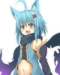 Rule 34 | 1girl, animal ears, blue hair, fang, hair ornament, highres, mahcdai, musical note, navel, original, planol note, quaver, scar, simple background, slit pupils, smile, solo, white background, yellow eyes
