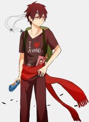 Rule 34 | 1boy, backpack, bad id, bad pixiv id, bag, black eyes, black shirt, book, brown hair, brown pants, character name, closed mouth, clothes writing, collarbone, double-parted bangs, english text, feet out of frame, fringe trim, green bag, hachimaki, hand on own hip, headband, heart, heart print, holding, kagerou project, kisaragi shintarou, kuroboshi (pokemewchan), looking to the side, magazine (object), male focus, nejiri hachimaki, no symbol, otaku, pants, pornography, print shirt, red scarf, scarf, serious, shirt, short hair, short sleeves, simple background, solo, standing, t-shirt, tateyama ayano, turning head, v-neck, white background, white headband