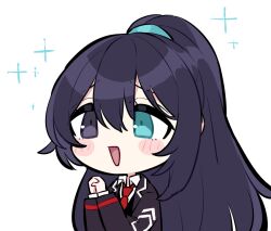 Rule 34 | 1boy, black coat, black eyes, blue eyes, blue hair, blush, chibi, coat, collared shirt, commentary, heterochromia, hong lu (project moon), limbus company, long hair, looking at viewer, necktie, open mouth, own hands together, project moon, red necktie, shiki (shikki46), shirt, simple background, smile, solo, upper body, very long hair, white background, white shirt