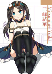 Rule 34 | 1girl, arms behind back, bdsm, black thighhighs, blue eyes, bondage, bound, bound arms, bound legs, brown hair, character name, closed mouth, collarbone, commentary, commission, dated, detached sleeves, english commentary, feet, full body, goggles, goggles on head, head tilt, highres, idolmaster, idolmaster shiny colors, knees up, long hair, looking at viewer, mitsumine yuika, no eyewear, popped collar, rope, sheita, sidelocks, signature, single detached sleeve, sitting, solo, tank top, thighhighs, twintails, white background