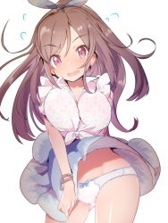 Rule 34 | 1girl, arm behind back, blue skirt, blush, bracelet, breasts, brown hair, caburi, clothes lift, commentary request, embarrassed, flying sweatdrops, gluteal fold, highres, idolmaster, jewelry, large breasts, long hair, open mouth, panties, ponytail, purple eyes, ribbon, shirt, simple background, skirt, skirt tug, solo, tsukioka kogane, underwear, white background, white panties, white shirt, wind, wind lift