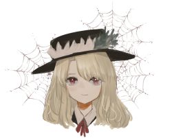 Rule 34 | 1girl, blonde hair, bow, dolls in pseudo paradise, enuchi (jvdm7888), hat, hat feather, highres, jacket girl (dipp), long hair, looking at viewer, red bow, red eyes, red neckwear, shirt, silk, simple background, smile, solo, spider web, touhou, upper body, wavy hair, white background, white shirt