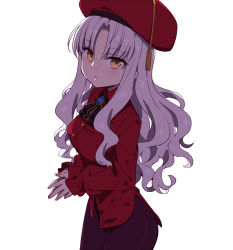 Rule 34 | 1girl, beret, breasts, brooch, caren hortensia, caren hortensia (amor caren), caren hortensia (amor caren) (second ascension), chan co, closed mouth, dress, fate/grand order, fate (series), hat, highres, jewelry, long hair, long sleeves, looking at viewer, neck ribbon, pantyhose, red dress, red hat, ribbon, small breasts, solo, wavy hair, white hair, yellow eyes