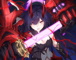 Rule 34 | 1girl, ahoge, armor, black collar, black gloves, breasts, cleavage, collar, commentary request, disembodied hand, drawing sword, electricity, eyeliner, eyes visible through hair, gloves, glowing, glowing eye, glowing sword, glowing weapon, hair between eyes, hair intakes, hair over one eye, highres, holding, holding sword, holding weapon, honkai (series), honkai impact 3rd, horns, katana, large breasts, long hair, long horns, looking at viewer, makeup, midriff, nagonako, open mouth, outstretched arm, pauldrons, purple eyes, purple hair, raiden mei, raiden mei (herrscher of thunder), red eyeliner, red horns, red pupils, scabbard, sheath, shoulder armor, single bare shoulder, single pauldron, solo, sword, unsheathing, upper body, very long hair, weapon