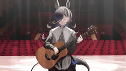 Rule 34 | 1girl, absurdres, alternate costume, animal ears, black dress, brown hair, cable, choker, closed mouth, dress, closed eyes, facing viewer, guitar, hair over one eye, hat, highres, holding, holding instrument, horse ears, horse girl, horse tail, ikanoshiokara, indoors, instrument, long hair, long sleeves, rice shower (umamusume), signature, stage, stage lights, tail, theater, umamusume