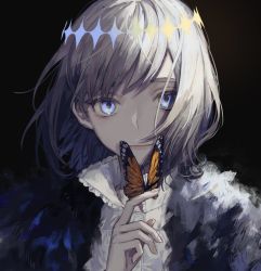 Rule 34 | 1boy, black background, blue eyes, bug, butterfly, butterfly on hand, collared shirt, crown, fate/grand order, fate (series), grey hair, hand up, highres, insect, kotobuki nashiko, looking at viewer, male focus, oberon (fate), oberon (third ascension) (fate), portrait, shirt, short hair, solo, spoilers, swept bangs, white shirt