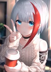 Rule 34 | 1girl, admiral graf spee (azur lane), admiral graf spee (daily peaceful life) (azur lane), admiral graf spee (peaceful daily life) (azur lane), azur lane, bare shoulders, blue eyes, blunt bangs, blurry, blurry background, blush, breasts, choker, clothing cutout, collarbone, cup, day, disposable cup, fingernails, flat chest, highres, holding, holding cup, long sleeves, looking at viewer, multicolored hair, o-ring, oyuwari, red hair, short hair, short hair with long locks, shoulder cutout, sidelocks, silver hair, sleeves past wrists, solo, streaked hair, sweater, upper body, v, white sweater