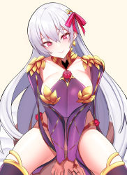 Rule 34 | 1boy, 1girl, absurdres, armlet, armor, bikini armor, blush, bracelet, breasts, closed mouth, clothed female nude male, clothed sex, collar, cowgirl position, detached sleeves, dress, earrings, fate/grand order, fate (series), girl on top, hair ribbon, hetero, highres, jewelry, kama (fate), kama (second ascension) (fate), large breasts, long hair, looking at viewer, metal collar, nude, pelvic curtain, purple dress, purple sleeves, purple thighhighs, pussy, red eyes, ribbon, ring, rur4885, sex, sideboob, silver hair, smile, spread legs, straddling, thighhighs, thighlet, thighs, vaginal