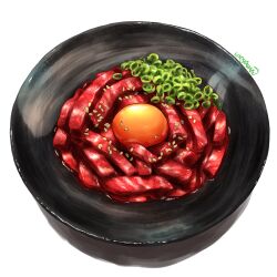 Rule 34 | artist name, bowl, egg (food), egg yolk, food, highres, meat, no humans, original, sesame seeds, shadow, simple background, spring onion, uroyama (macrophage), white background
