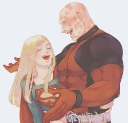 Rule 34 | 1boy, 1girl, animification, bald, bara, black bodysuit, blonde hair, blue shirt, bodysuit, cape, closed eyes, crossover, dc comics, deadpool, deadpool (series), highres, htnks2, large pectorals, long hair, looking at another, marvel, muscular, muscular male, open mouth, pectorals, red bodysuit, red cape, shirt, smile, supergirl, superman (series), twitter username, two-tone bodysuit, upper body