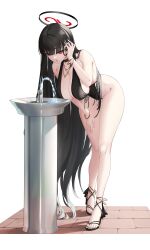 Rule 34 | 1girl, absurdres, bare shoulders, black hair, black one-piece swimsuit, blue archive, blush, breasts, choker, cleavage, drinking fountain, full body, hair ornament, hairclip, halo, high heels, highleg, highleg swimsuit, highres, jewelry, large breasts, long hair, looking at viewer, necklace, one-piece swimsuit, pjman, red eyes, rio (blue archive), swimsuit, very long hair