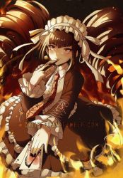 Rule 34 | 1girl, black dress, black hair, black jacket, black nails, blunt bangs, blush, bonnet, brown eyes, card, celestia ludenberg, center frills, claw ring, collared shirt, commentary request, criis-chan, danganronpa: trigger happy havoc, danganronpa (series), dress, dress shirt, drill hair, earrings, fire, frilled dress, frilled sleeves, frills, gothic lolita, hairband, jacket, jewelry, lolita fashion, lolita hairband, long hair, long sleeves, looking at viewer, nail polish, necktie, open clothes, open jacket, playing card, red eyes, shirt, smile, solo, twin drills, twintails, twitter username, watermark, web address