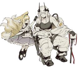 Rule 34 | 2girls, animal ears, arknights, aw0lowa, black footwear, black gloves, blonde hair, blue hairband, blush, braid, braided hair rings, closed eyes, closed mouth, commentary, crop top, dated, demon girl, demon horns, dress, earpiece, flower, fox ears, fox girl, fox tail, gloves, green eyes, hair flower, hair ornament, hair rings, hairband, hammer, highres, horns, invisible chair, kitsune, kyuubi, material growth, mudrock (arknights), mudrock (elite ii) (arknights), multicolored hair, multiple girls, multiple tails, open mouth, oripathy lesion (arknights), purple dress, signature, simple background, sitting, suzuran (arknights), tail, two-tone hair, white background, white hair