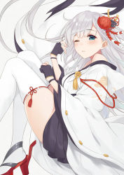 Rule 34 | 1girl, azuki yui, azur lane, bare shoulders, black gloves, black skirt, blue eyes, blush, breasts, commentary request, eyeshadow, fetal position, flower, gloves, hair flower, hair ornament, high heels, japanese clothes, kanzashi, kimono, knees up, long hair, long sleeves, looking at viewer, makeup, medium breasts, miniskirt, mole, mole under eye, off shoulder, one eye closed, parted lips, partially fingerless gloves, rudder footwear, shoukaku (azur lane), simple background, skirt, solo, spider lily, tassel, thighhighs, white background, white hair, white kimono, white thighhighs, wide sleeves