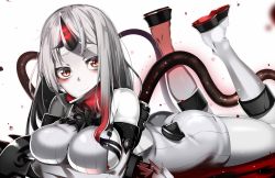 Rule 34 | 10s, 1girl, abyssal ship, bare shoulders, blush, boots, breasts, detached sleeves, doko tetora, dress, horns, kantai collection, large breasts, long hair, lying, on stomach, pale skin, red eyes, ribbed dress, seaport princess, short dress, sideboob, single horn, solo, white hair