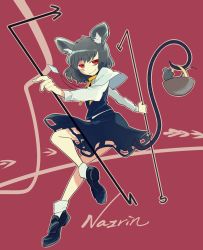 Rule 34 | 1girl, animal ear fluff, animal ears, basket, black dress, black hair, capelet, character name, dowsing rod, dress, highres, holding, holding with tail, jewelry, long sleeves, looking to the side, mouse (animal), mouse ears, mouse girl, mouse tail, nazrin, ngc7k137, pendant, prehensile tail, red background, red eyes, shoes, short hair, smile, socks, solo, tail, touhou