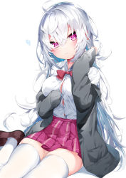 Rule 34 | 1girl, absurdres, ahoge, black jacket, blue hair, blush, bow, breasts, brown footwear, closed mouth, collared shirt, commentary request, dress shirt, hair between eyes, hand up, highres, jacket, kamioka shun&#039;ya, loafers, long hair, long sleeves, medium breasts, multicolored hair, off shoulder, open clothes, open jacket, original, pleated skirt, purple eyes, purple skirt, red bow, shadow, shirt, shoes, skirt, sleeves past fingers, sleeves past wrists, solo, squiggle, thighhighs, two-tone hair, very long hair, white background, white hair, white shirt, white thighhighs