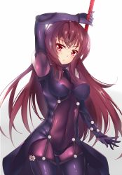 Rule 34 | 1girl, arm up, armpits, bodysuit, brown hair, covered navel, fate/grand order, fate (series), gae bolg (fate), holding, long hair, looking at viewer, nahaki, parted lips, purple bodysuit, red eyes, scathach (fate), scathach (fate), simple background, sin-poi, solo, white background