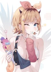 Rule 34 | 1girl, ;), arm warmers, bikini, bikini under clothes, blonde hair, blue overalls, bow hairband, breasts, cleavage, collarbone, crepe, crop top, demon horns, fake horns, fingernails, food, hairband, halterneck, highres, holding, holding food, horns, large breasts, looking at viewer, mem-cho, multicolored hair, nail polish, one eye closed, oshi no ko, overalls, pola (1021), roots (hair), smile, solo, swimsuit, upper body, white bikini