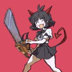 Rule 34 | 1girl, :d, ^ ^, bad id, bad twitter id, black bow, black skirt, blood, bloody weapon, bob cut, bow, chainsaw, closed eyes, collared shirt, demon girl, demon horns, demon tail, fang, frills, highres, holding, holding chainsaw, horns, jeto (jetopyon), mole, mole under eye, open mouth, original, pleated skirt, puffy short sleeves, puffy sleeves, red background, shirt, short sleeves, skirt, smile, solo, tail, weapon