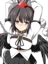 Rule 34 | 1girl, arms up, belt, black hair, black ribbon, black skirt, blush, bound, breasts, brown eyes, chain, collar, hat, highres, neck ribbon, pleated skirt, pom pom (clothes), red hat, ribbon, rise (rise19851203), shameimaru aya, simple background, skirt, solo, tokin hat, touhou, white background, wings