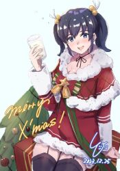 Rule 34 | 1girl, alcohol, antlers, black thighhighs, blue hair, blush, box, breasts, christmas tree, commission, cup, dated, fake horns, garter straps, gift, gift box, hair ribbon, highres, horns, kantai collection, large breasts, ld (luna dial398), looking at viewer, medium hair, merry christmas, open mouth, reindeer antlers, ribbon, santa costume, signature, skeb commission, smile, solo, souryuu (kancolle), thighhighs, twintails