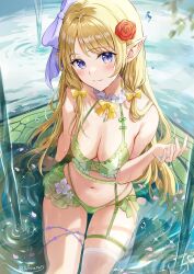 Rule 34 | 1girl, asymmetrical legwear, blonde hair, blue eyes, blush, bow, bra, breasts, cleavage, closed mouth, commentary, elf, fairy wings, falling petals, flower, full body, garter straps, green bra, green panties, hair bow, hair flower, hair ornament, head tilt, highres, light particles, lingerie, long hair, looking at viewer, medium breasts, niwata0, original, panties, partially submerged, petals, plant, pointy ears, red flower, red rose, rose, sitting, smile, solo, sparkle, thigh strap, thighhighs, underwear, vines, wariza, water, waterfall, wet, white thighhighs, wings