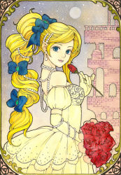 Rule 34 | 1990s (style), 1girl, balcony, bare shoulders, blonde hair, blue eyes, blue ribbon, bouquet, bow, celes chere, detached sleeves, dress, earrings, elbow gloves, female focus, final fantasy, final fantasy vi, flower, framed, full moon, gloves, hair bow, hair ornament, hair ribbon, jewelry, lipstick, long hair, looking at viewer, looking back, makeup, moon, necklace, ponytail, red flower, red rose, ribbon, rose, sayococco, smile, solo, star (sky), wedding dress