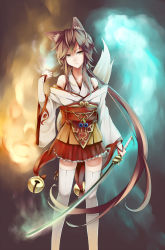 Rule 34 | 1girl, animal ears, bare shoulders, bell, brown eyes, brown hair, fox ears, fox tail, gold trim, highres, japanese clothes, jingle bell, katana, long hair, looking at viewer, miko, original, ponytail, retsuna, skirt, solo, standing, sword, tail, thighhighs, very long hair, weapon, white thighhighs, zettai ryouiki