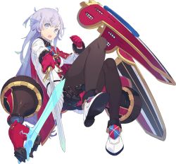 Rule 34 | &gt;:o, 1girl, :o, ahoge, black pantyhose, caerphilly (oshiro project), cape, clenched hand, full body, gloves, holding, holding sword, holding weapon, light purple hair, long hair, looking at viewer, mk (masatusaboten), official art, oshiro project:re, oshiro project:re, pantyhose, pleated skirt, purple eyes, red cape, red gloves, sheath, sheathed, skirt, solo, sword, transparent background, v-shaped eyebrows, weapon, white footwear, white skirt