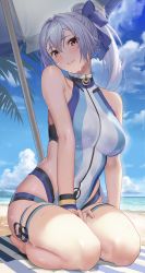 Rule 34 | 1girl, absurdres, bare shoulders, beach, beach umbrella, between legs, blue one-piece swimsuit, breasts, commentary, dripping, fate/grand order, fate (series), hair ribbon, halterneck, hand between legs, highres, kneeling, large breasts, looking at viewer, naruse (0819), navel, official alternate costume, one-piece swimsuit, outdoors, ponytail, red eyes, ribbon, skin tight, skindentation, smile, solo, sweat, sweatdrop, swimsuit, symbol-only commentary, thick thighs, thigh strap, thighs, tomoe gozen (fate), tomoe gozen (swimsuit saber) (fate), tomoe gozen (swimsuit saber) (first ascension) (fate), umbrella, white hair