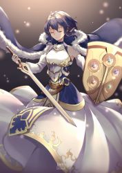 Rule 34 | 1girl, ahoge, alternate costume, armor, armored dress, artist name, bare shoulders, blue cape, blue dress, blue hair, cape, closed eyes, closed mouth, collared dress, commentary, commission, cosplay, daru, detached sleeves, dress, english commentary, falchion (fire emblem), fire emblem, fire emblem (object), fire emblem awakening, floating hair, fur-trimmed cape, fur trim, hair between eyes, hair ornament, highres, holding, holding shield, holding sword, holding weapon, light particles, lucina (fire emblem), lucina (fire emblem) (cosplay), morgan (female) (fire emblem), morgan (fire emblem), multicolored clothes, nintendo, shield, short hair, signature, sleeveless, sleeveless dress, smile, solo, sword, tiara, weapon, white dress