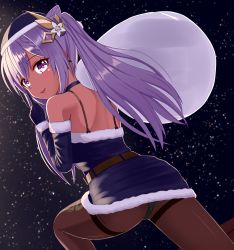 Rule 34 | 1girl, artist request, ass, bag, bare shoulders, black panties, blush, breasts, cameltoe, christmas, cone hair bun, dark, detached sleeves, dress, elbow gloves, finger to mouth, from behind, genshin impact, gloves, hair bun, hair ornament, hat, highres, keqing (genshin impact), long hair, looking at viewer, looking back, night, panties, panties under pantyhose, pantyhose, pantyshot, parted lips, purple eyes, purple hair, santa costume, santa dress, santa hat, shiny clothes, shiny skin, short dress, shushing, sideboob, smile, solo, symbol-shaped pupils, twintails, underwear
