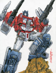 Rule 34 | alex milne, autobot, blue eyes, commentary, commission, dual wielding, english commentary, gun, head tilt, holding, holding gun, holding weapon, looking up, mecha, optimus prime, powermaster optimus prime, robot, signature, solo, traditional media, transformers, weapon, white background