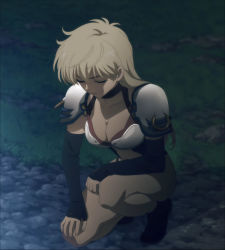 Rule 34 | 1girl, anime screenshot, bastard!!, blonde hair, breasts, cleavage, closed eyes, highres, large breasts, long hair, sean ari, stitched, third-party edit