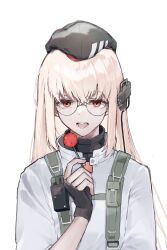 Rule 34 | 1girl, beret, black hat, blonde hair, candy, commentary request, food, girls&#039; frontline, glasses, hand up, harafrontline, hat, highres, holding, holding candy, holding food, holding lollipop, korean commentary, lollipop, long hair, looking at viewer, open mouth, saliva, saliva trail, shirt, simple background, solo, tongue, tongue out, type 80 (girls&#039; frontline), upper body, very long hair, white background, white shirt