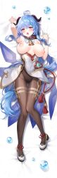 Rule 34 | 1girl, ahoge, ayamy, bare arms, bed sheet, bell, black leotard, blue hair, blush, bodystocking, breasts, brown pantyhose, chinese knot, covered navel, curled horns, dakimakura (medium), detached collar, flower knot, full body, ganyu (genshin impact), genshin impact, gluteal fold, gold trim, groin, hair between eyes, high heels, highres, horns, large breasts, leotard, leotard under clothes, long hair, looking at viewer, lying, neck bell, nipples, no gloves, on back, on bed, open mouth, orb, pantyhose, purple eyes, sheet grab, shoes, sleeveless, solo, tassel, thigh gap, thighlet, thighs, tongue, tongue out, very long hair, vision (genshin impact)