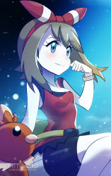 Rule 34 | 1girl, arm at side, armpits, bag, bare shoulders, bike shorts, black shorts, blue eyes, bow, brown hair, child, clenched hand, closed mouth, collarbone, creatures (company), eyelashes, female focus, flat chest, game freak, gen 3 pokemon, gen 6 pokemon, hair bow, hair ornament, hair ribbon, hand up, happy, legs, light blush, looking away, may (pokemon), may (pokemon oras), medium hair, mega stone, mitgard-knight, neck, night, night sky, nintendo, outdoors, pokemon, pokemon (creature), pokemon oras, red bow, red ribbon, red shirt, ribbon, shiny clothes, shirt, short shorts, shorts, sitting, size difference, sky, sleeveless, sleeveless shirt, smile, standing, star (sky), starry sky, thighs, tight clothes, tight shirt, torchic, two-tone bow, two-tone ribbon, wristband