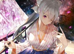 Rule 34 | 1girl, ;), blue skirt, bow, breasts, cleavage, collarbone, fate/grand order, fate (series), floating hair, hair between eyes, hair bow, hair ornament, hairclip, highres, higuchi kaede, japanese clothes, kakage, kimono, long hair, long sleeves, looking at viewer, medium breasts, nijisanji, one eye closed, ponytail, purple eyes, silver hair, skirt, smile, solo, tomoe gozen (fate), unmoving pattern, upper body, very long hair, virtual youtuber, white bow, white kimono