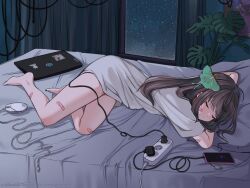 Rule 34 | 1girl, bandage on face, bandaged leg, bandages, barefoot, bed, brown hair, cellphone, closed eyes, electric plug, hair ornament, long hair, mouse (computer), notebook, original, phone, shirt, smartphone, vickie (cryingrobot), vickie (cryingrobot) (character), white shirt