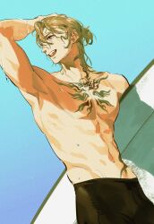 Rule 34 | 1boy, abs, black male swimwear, blonde hair, blue background, blue sky, chest tattoo, hair bun, hand on own head, highres, holding, holding surfboard, looking away, luca kaneshiro, male focus, male swimwear, muscular, muscular male, nijisanji, nijisanji en, open mouth, pectorals, purple eyes, simple background, sky, solo, surfboard, tattoo, teeth, topless male, virtual youtuber, water drop, wet, yanjing no1