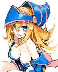 Rule 34 | 1girl, bad id, bad pixiv id, bare shoulders, blonde hair, blue eyes, blush stickers, breasts, cleavage, dark magician girl, downblouse, duel monster, headgear, long hair, looking at viewer, open mouth, ruuto (sorufu), simple background, sitting, smile, solo, tongue, top pull, white background, yu-gi-oh!, yu-gi-oh! duel monsters, yuu-gi-ou