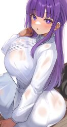 Rule 34 | 1girl, ass, blunt bangs, blush, breasts, buttons, collar, dress, fern (sousou no frieren), frilled collar, frills, highres, large breasts, long dress, long hair, long sleeves, looking at viewer, parted lips, purple eyes, purple hair, see-through, see-through dress, shiitake taishi, sidelocks, sitting, solo, sousou no frieren, straight hair, white dress