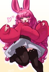 Rule 34 | 1girl, :3, absurdres, ahoge, animal ear legwear, animal ears, artist name, black thighhighs, breasts, bright pupils, cat ear legwear, cropped legs, gradient background, heart, high-waist skirt, highres, index finger raised, large breasts, long hair, long sleeves, looking at viewer, open mouth, original, pink eyes, pink hair, pink pupils, pleated skirt, rabbit ears, rabbit girl, red sweater, skeb, skirt, sleeves past wrists, smile, solo, sweater, thighhighs, turtleneck, turtleneck sweater, very long hair, white background, white skirt, yellow background, zakozako y