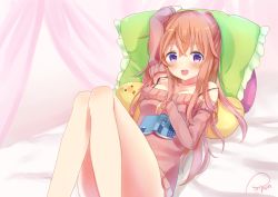 Rule 34 | 1girl, arm up, artist name, bag, bare shoulders, bed sheet, blush, book, breasts, cleavage, collarbone, commentary request, convenient leg, curtains, cushion, detached sleeves, gochuumon wa usagi desu ka?, hair between eyes, highres, hoto mocha, knees together feet apart, knees up, long hair, looking at viewer, lying, medium breasts, off-shoulder shirt, off shoulder, on back, open mouth, orange hair, piripun, purple eyes, red shirt, shirt, sidelocks, signature, sleeveless, sleeveless shirt, sleeves past wrists, smile, solo, stuffed animal, stuffed toy