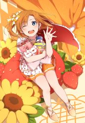 Rule 34 | 1girl, ;d, blue eyes, bow, capelet, earrings, flower, food, fruit, full body, gift, hair bow, high heels, highres, holding, holding gift, jewelry, knees together feet apart, kosaka honoka, looking at viewer, looking up, love live!, love live! school idol festival, love live! school idol project, oda (101511a), one eye closed, one side up, open mouth, orange footwear, orange hair, orange skirt, pleated skirt, polka dot, red capelet, sandals, shoes, sitting, skirt, smile, solo, strawberry, sunflower, waving, wind, yellow footwear