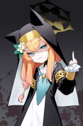 Rule 34 | 1girl, absurdres, animal ears, aqua eyes, arm at side, black dress, blood, blood splatter, blue archive, braid, clenched teeth, disgust, dress, flat chest, flower, furrowed brow, gradient background, habit, hair flower, hair ornament, halo, hand up, highres, honi (honi1010), long hair, looking at viewer, mari (blue archive), middle finger, neckerchief, orange hair, sailor collar, shaded face, single braid, sleeves past wrists, solo, teeth, upper body, yellow halo